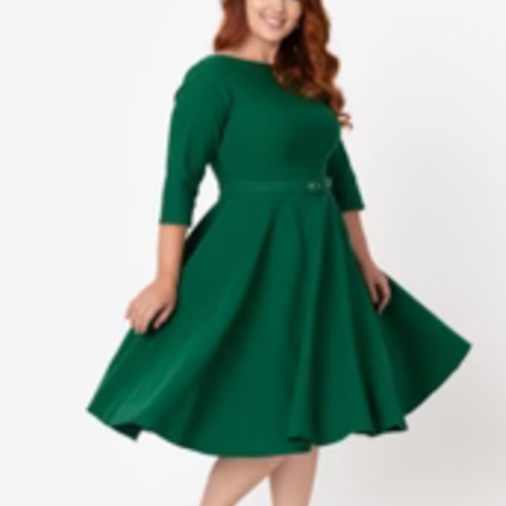 Unique Vintage - Emerald Green 1950s-style Devon Swing Dress (Size 2X/18)